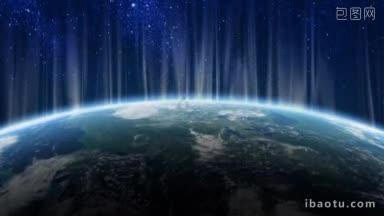 从太空中看到的旋转地球的地平线，上面有光线和星星